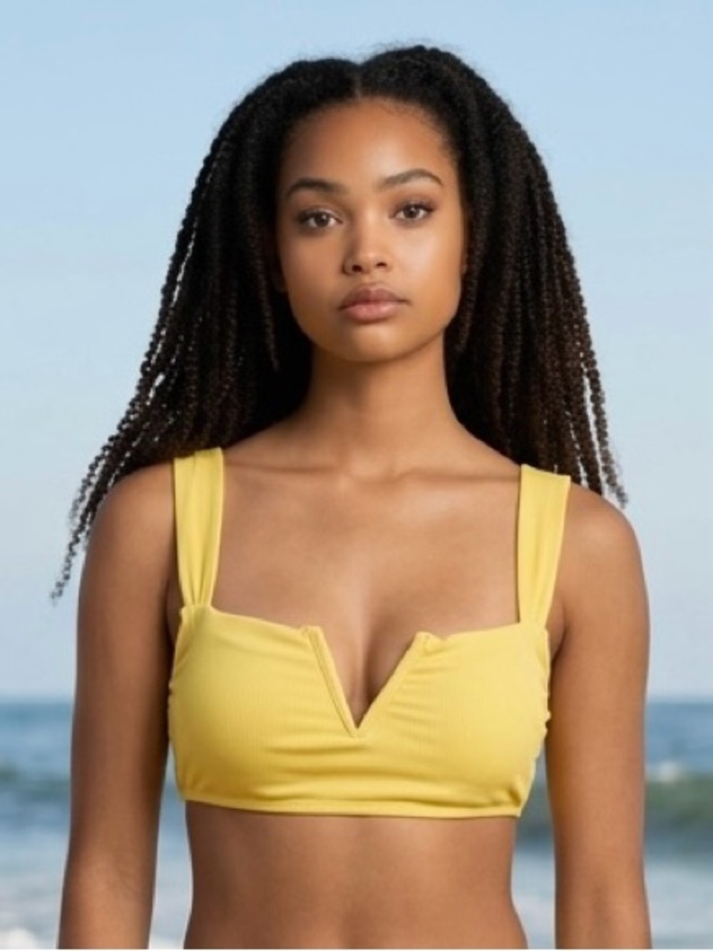 Lulus Stay Salty Yellow Ribbed V-Notch Bikini Top Size Large